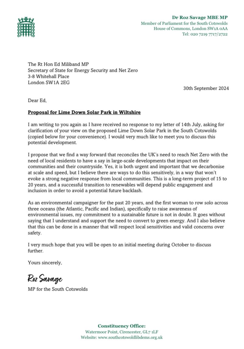 roz_savage's tweet image. I've received a response from Ed Miliband on Lime Down Solar Park proposal in Wiltshire - emphasising the need for public input at this stage. Read more ⬇️