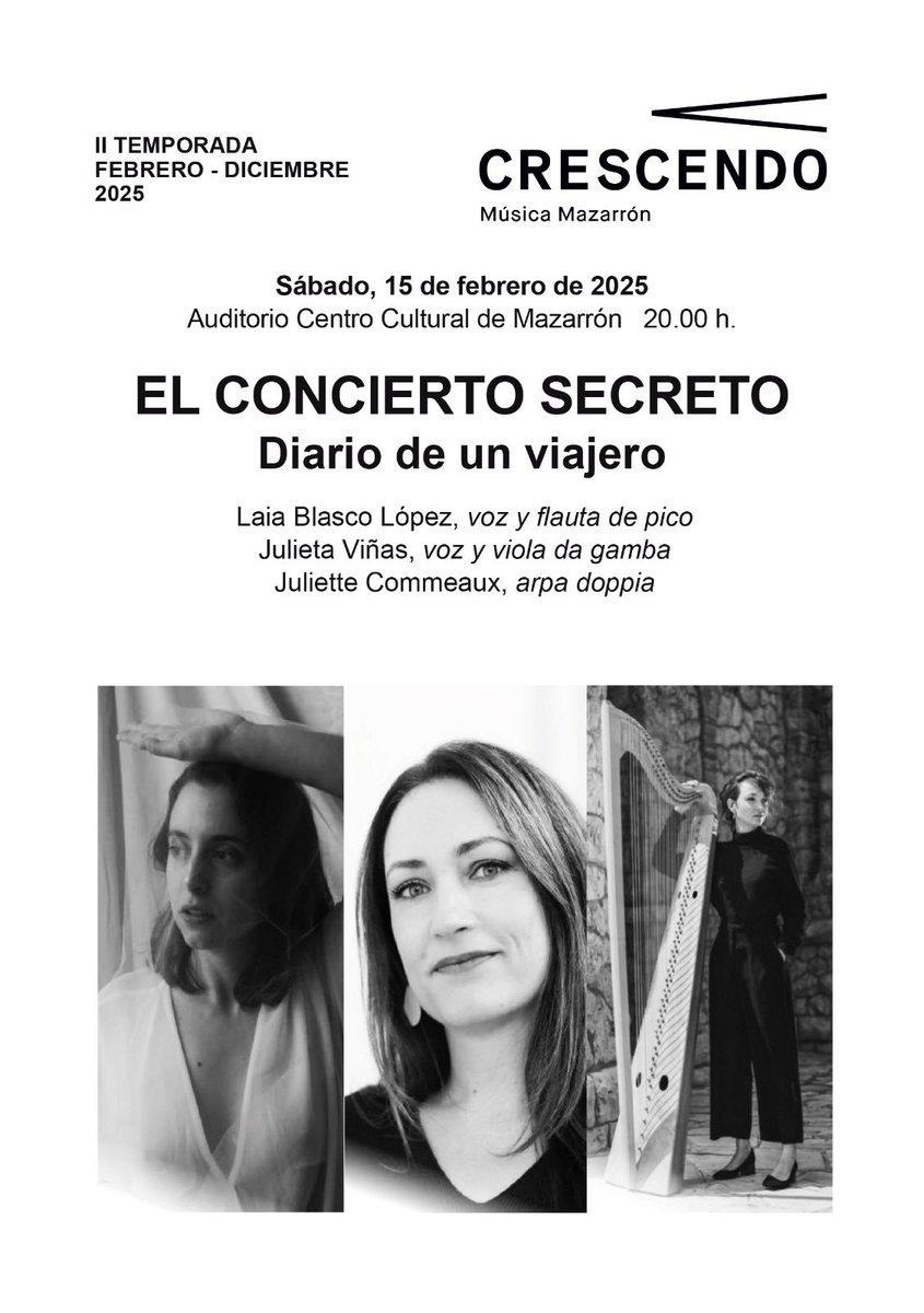 🎶 Comienza la temporada de Crescendo 2025
Este sábado 15 de febrero no te pierdas la primera actuación:
✨ El Concierto Secreto: Diario de un viajero
📅 15 de febrero📍 Auditorio Centro Cultural de Mazarrón ⏰ 20:00 h
🎟️ ¡ENTRADAS GRATIS! (hasta completar aforo)

#MúsicaClásica