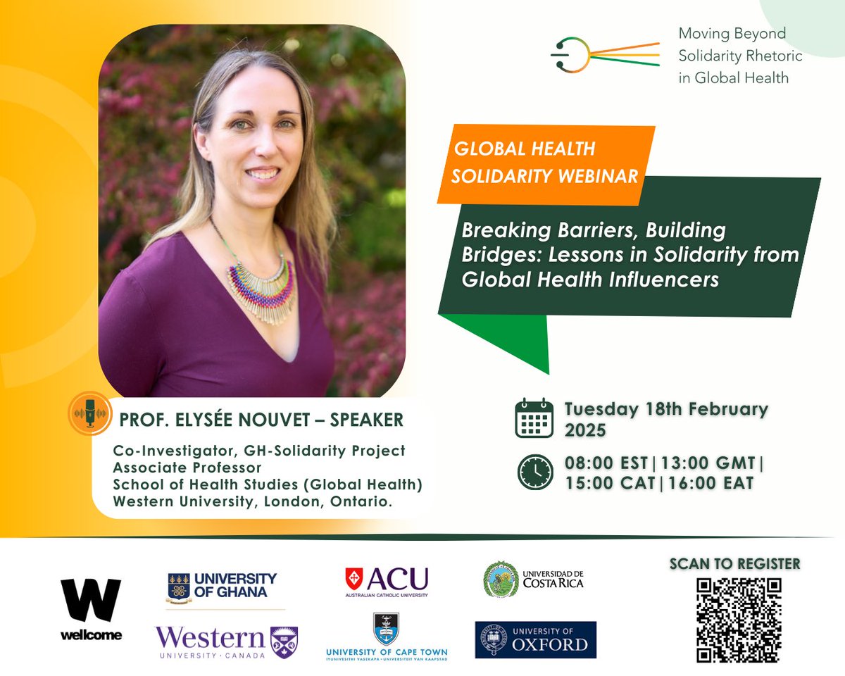 Global Health Solidarity Network (@officialghsn) on Twitter photo 🎤Meet Our Speaker: Professor Elysée Nouvet
We’re excited to host Prof. <a href="/nouvete/">Elysee Nouvet</a>, Associate Professor at <a href="/WesternU/">Western University</a> and a leading medical anthropologist, at the Global Health Solidarity Webinar!
Her groundbreaking work focuses on bringing the lived experiences of those on the 🎤Meet Our Speaker: Professor Elysée Nouvet
We’re excited to host Prof. <a href="/nouvete/">Elysee Nouvet</a>, Associate Professor at <a href="/WesternU/">Western University</a> and a leading medical anthropologist, at the Global Health Solidarity Webinar!
Her groundbreaking work focuses on bringing the lived experiences of those on the