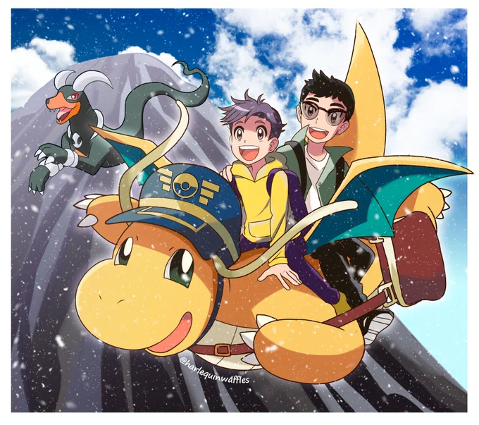 Commission for snorlaxingchonguyen on instagram ^^ His OC &amp; spouse honor their fallen Houndoom with a Dragonite flight over Mt. Coronet (Nuzlocke T.T - F). #pokemon #commissionart #anipoke