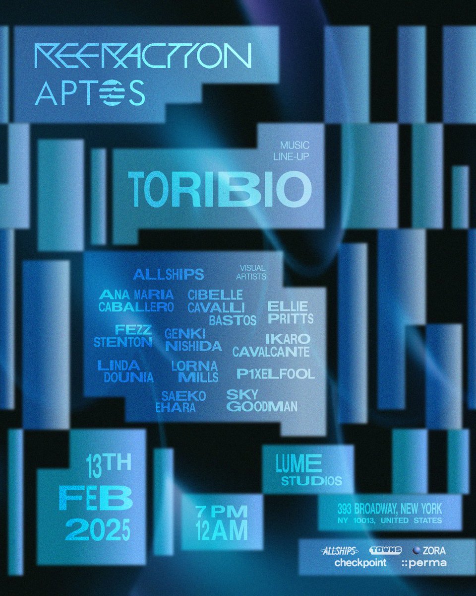 Refraction (@refractiondao) on Twitter photo 🌟 NYC, We're Back!
Join us tonight (Feb 13) at <a href="/LumeStudios/">LumeStudiosPhilly</a> for an unforgettable night of art + music.
Celebrating the North American launch of the IRL Protocol with an immersive takeover featuring:
🎶 Soundscapes by NYC legend @Toribio
🖼️ Exclusive artwork from Refraction & 🌟 NYC, We're Back!
Join us tonight (Feb 13) at <a href="/LumeStudios/">LumeStudiosPhilly</a> for an unforgettable night of art + music.
Celebrating the North American launch of the IRL Protocol with an immersive takeover featuring:
🎶 Soundscapes by NYC legend @Toribio
🖼️ Exclusive artwork from Refraction &