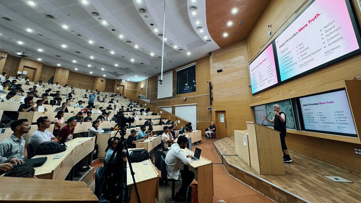 pala_labs's tweet photo. 📸 @gavofyork speaking at 👨‍🎓 @iitbombay

→ Web3 is built on truth: decentralized, verifiable &amp; self-sovereign. 
→ Its blockchain foundations are open, borderless &amp; censorship-resistant. 
→ The future is resilient, accessible &amp; coherent 

Putting power back in users hands. https://t.co/HEWFckf1sH