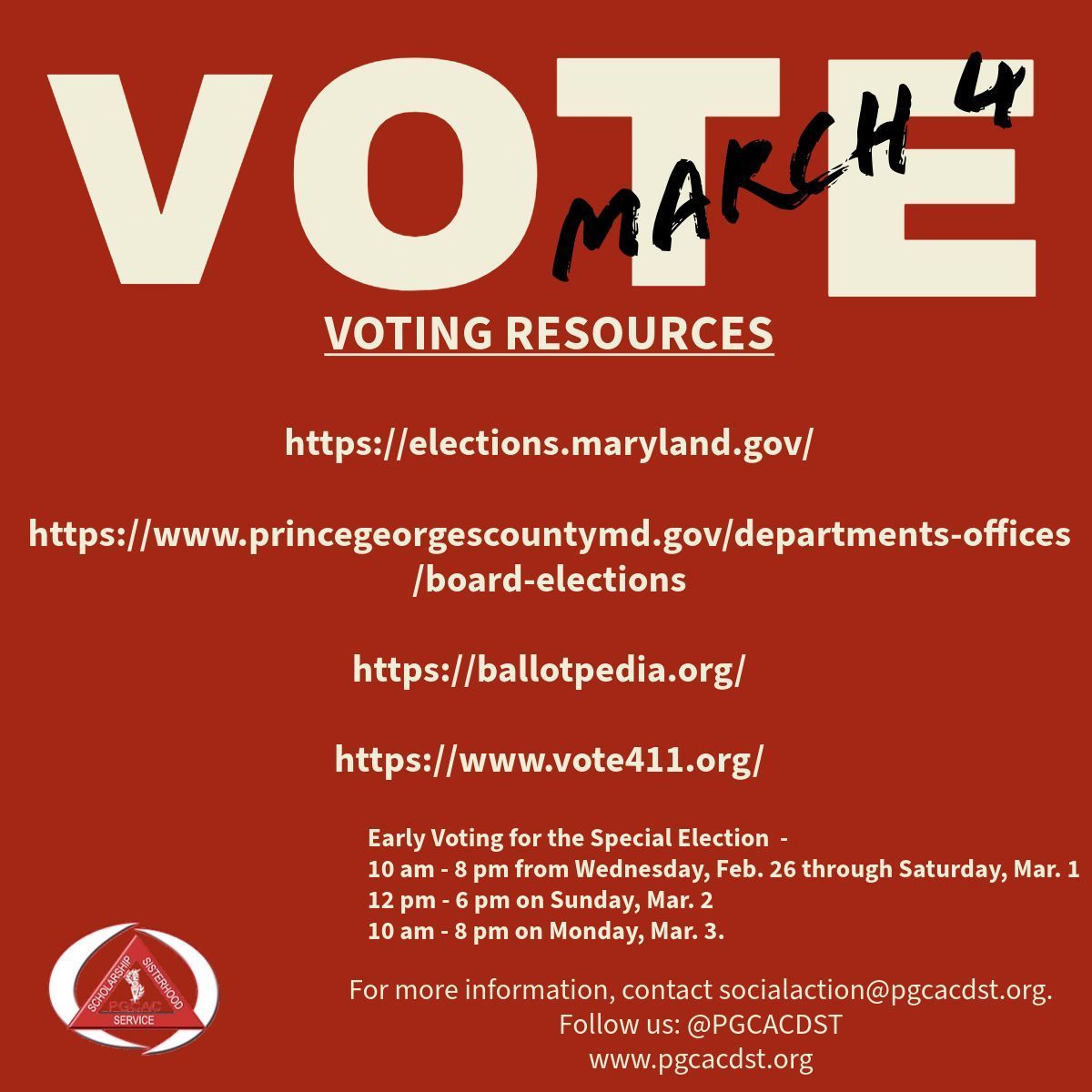 pgcacdst's tweet photo. In person Early Voting will be offered for the Special Primary Election February 26 - March 3, 2025 from 10 am - 8 pm each day (except Sunday, March 2 voting is from 12 pm - 6 pm).

#DST1913 #PGCAC #PGCACSocialAction https://t.co/EbiUBoA0J8