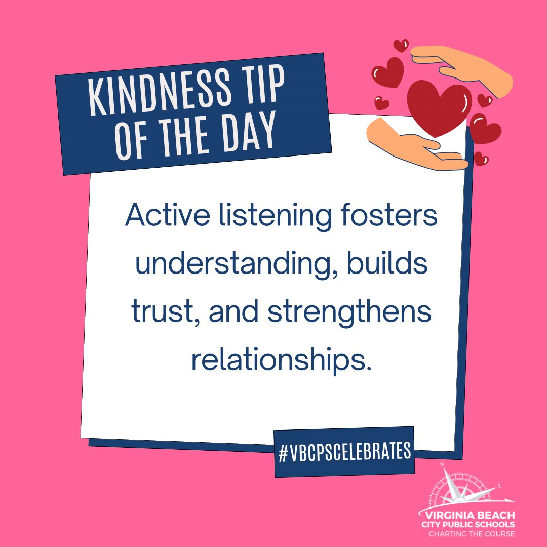 vbschools's tweet photo. Active listening fosters understanding, builds trust, and strengthens relationships. 💖✨ This #VAKindnessWeek, give the gift of your presence and truly listen. 

Share your acts of kindness in the comments or by posting with #VAKindnessWeek. Together, we can make a difference! https://t.co/fJXiwyIIXj