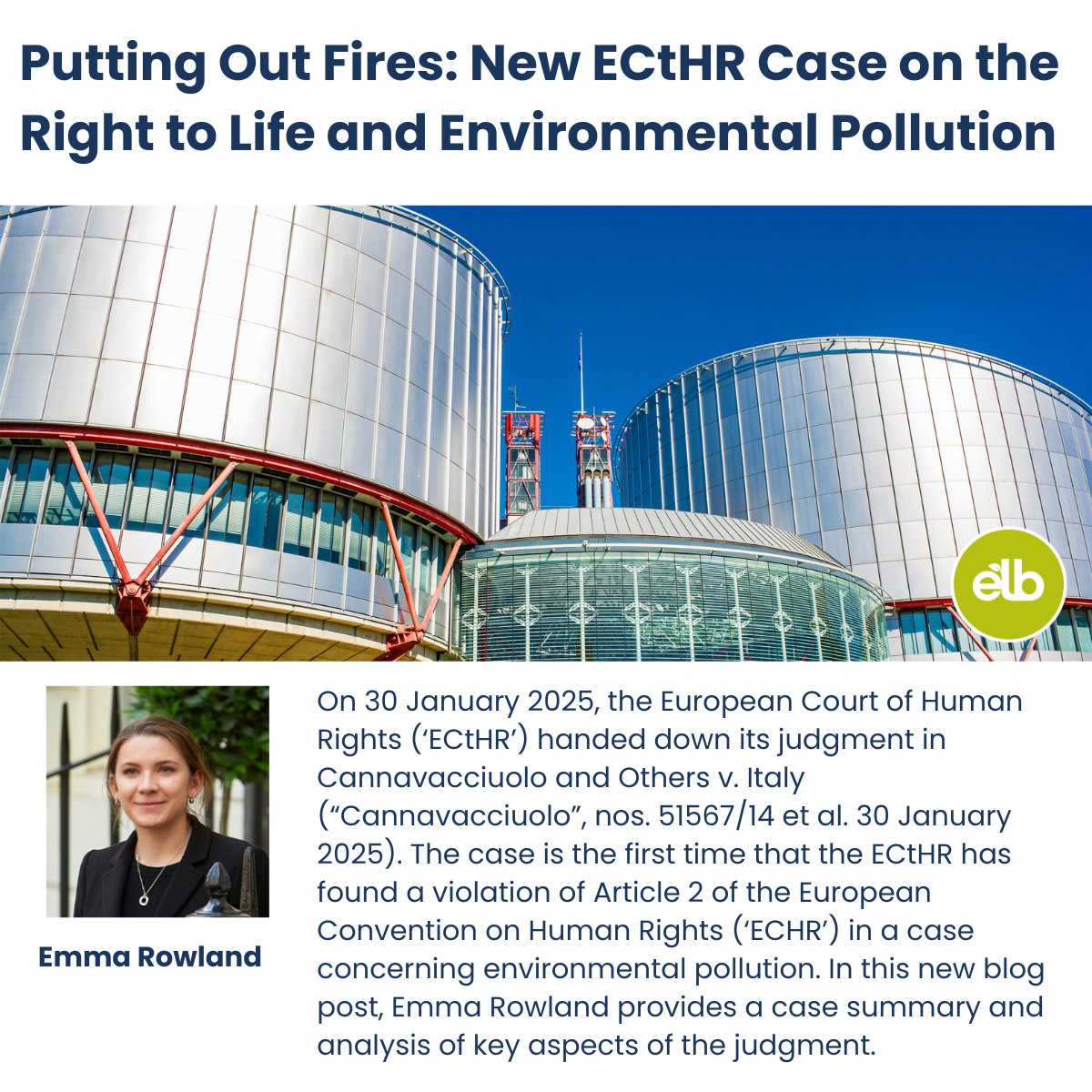 EnvLaw_Blog's tweet image. New #elb post today in which @FTB_law pupil Emma Rowland provides a provides a case summary and analysis of key aspects of the judgment in  Cannavacciuolo and Others v. Italy ftbchambers.co.uk/elblog/view/pu…
Subscribe to #elb: ftbchambers.co.uk/elblog/ELB-sig…
#environmentallaw #ECHR #pollution