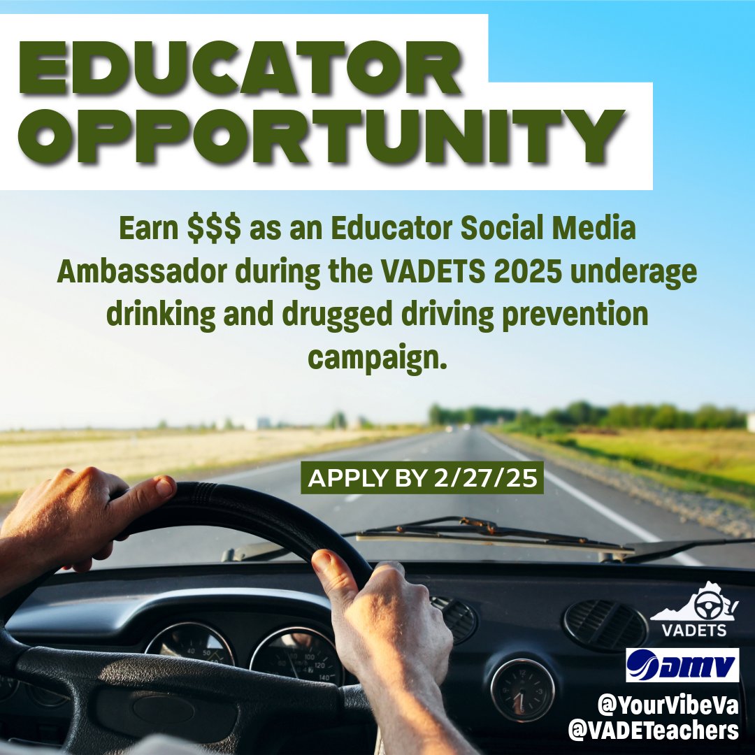 Educator Opportunity
Earn $$$ as an Educator Social Media Ambassador during the VADETS 2025 underage drinking and drugged driving prevention campaign. Apply today!
bit.ly/EAmbassadorSes…