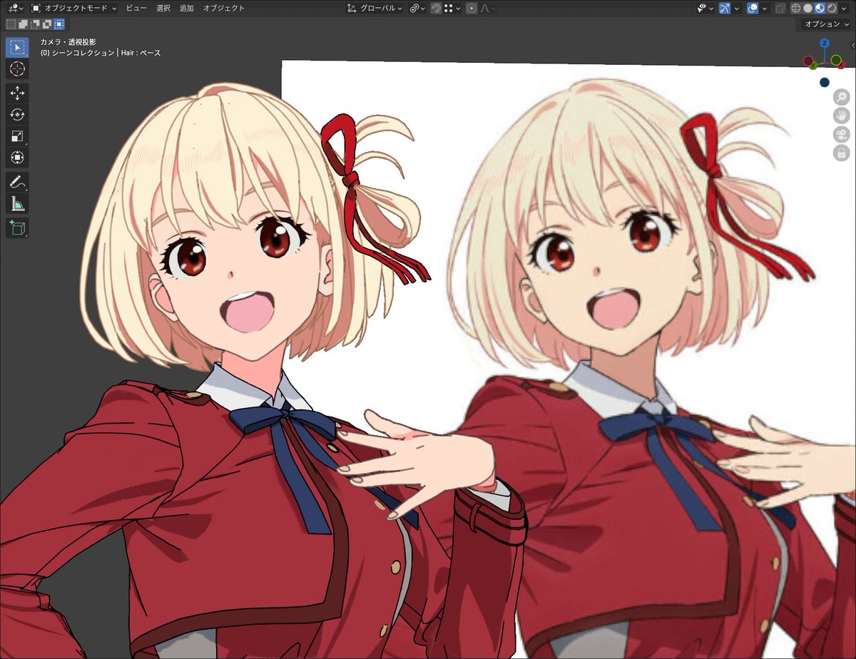 リコリス・リコイルの錦木千束さんをBlenderで作成しています

今回は髪奥側をボーンで長さを調整して髪輪郭を頂点移動でメッシュを整えました
あとは二重をサイズアップして陰色を濃くしました
#blender #リコリコ                 

©Spider Lily／アニプレックス・ABCアニメーション・BS11 ©一迅社