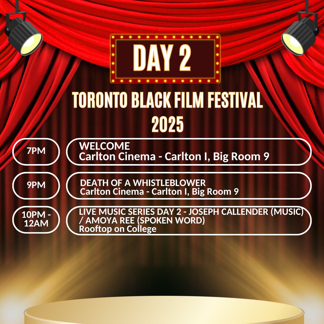 Here’s what’s happening today at #TBFF! Don’t miss out on incredible films, special screenings, and exclusive events. 

Stay tuned! Check back  for updates! 🎥🔥  
You can still grab your tickets at TorontoBlackFilm.com! 🎟️  
 #FilmFestival #TorontoBlackFilm #Torontoevents