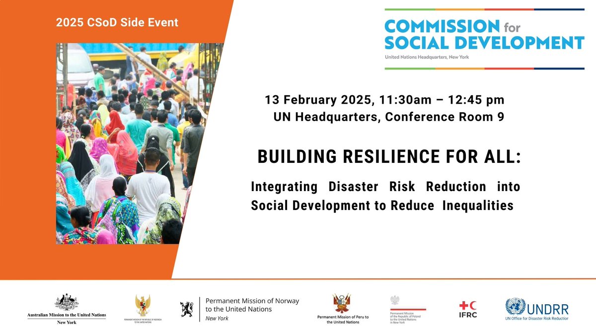 🚨 Happening Today! 🚨

Are you at #UNHQ in NYC for #CSocD63? 📍 Join us for our Side Event on Building Resilience for All! 🌍

📅 13 Feb 2025 | ⏰ 11:30 AM – 12:45 PM
📍 CR 9
Let’s discuss how #DRR can drive social equity &amp; resilience. See you there! 🙌 #ResilienceForAll
