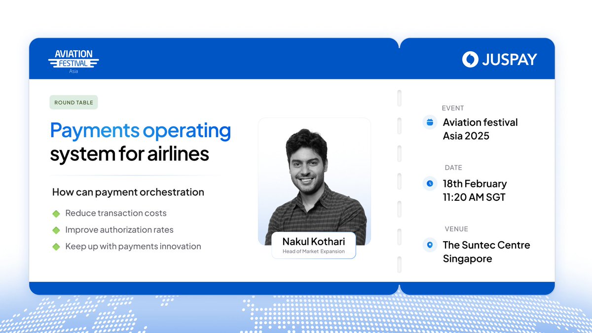 Join <a href="/juspay/">JUSPAY</a>  for an exciting roundtable at <a href="/AviationFesAsia/">AviationFestivalAsia</a> in Singapore for a detailed discussion on Payment Orchestration for airlines.

📉 How can Payment Orchestration help airlines reduce payment processing costs
🚀 How can airlines optimise authorization rates across the