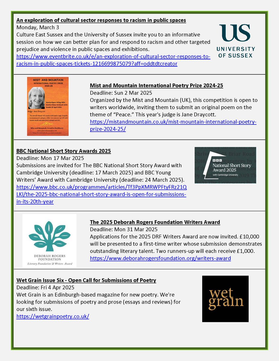 Craig Jordan-Baker (@craigjordanbak1) on Twitter photo Time for my events, competitions and opportunities roundup! Super stuff from <a href="/SussexUni/">University of Sussex</a> <a href="/bbcwritersroom/">BBC Writers</a> <a href="/DRFWritersAward/">Deborah Rogers Foundation</a> <a href="/WetGrainPoetry/">Wet Grain Poetry</a> and more!
Follow me for regular updates :-) Time for my events, competitions and opportunities roundup! Super stuff from <a href="/SussexUni/">University of Sussex</a> <a href="/bbcwritersroom/">BBC Writers</a> <a href="/DRFWritersAward/">Deborah Rogers Foundation</a> <a href="/WetGrainPoetry/">Wet Grain Poetry</a> and more!
Follow me for regular updates :-)