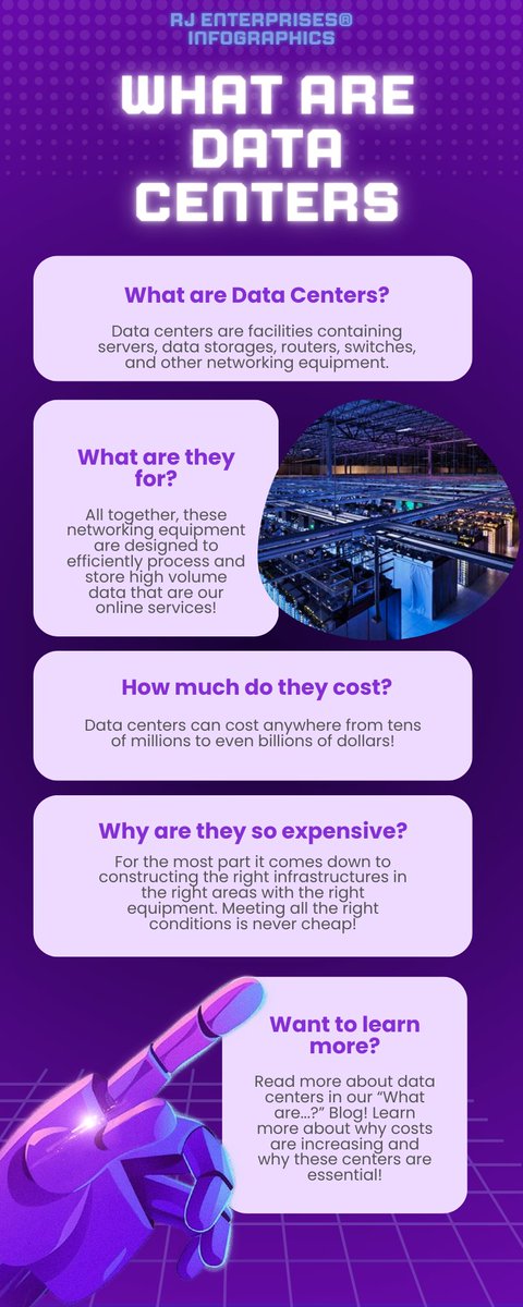 Data centers are the backbones of modern day connectivity. They help process and store all the data needed to run the web and services like X! 

Be sure to check out our blog about how to optimize data centers: rj-enterprises.com/blogs/what-are…