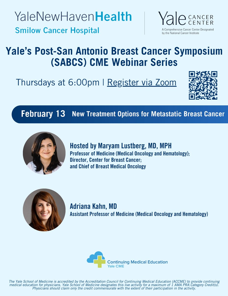 Yale Cancer Center (@yalecancer) on Twitter photo The final webinar in our Post-San Antonio Breast Cancer Symposium (#SABCS) will discuss New Treatment Options for #MetastaticBreastCancer.
Join host <a href="/maryam_lustberg/">Maryam Lustberg MD, MPH, FASCO</a> and <a href="/AdrianaKahnMD/">Adriana Kahn, MD</a>
tonight at 6pm. RSVP: bit.ly/40ffiVM #bcsm
<a href="/SmilowCancer/">Smilow Cancer Hospital</a> <a href="/YaleMed/">Yale School of Medicine</a> <a href="/YNHH/">Yale New Haven Hosp</a> <a href="/YaleBreast/">YaleBreastCancer</a> The final webinar in our Post-San Antonio Breast Cancer Symposium (#SABCS) will discuss New Treatment Options for #MetastaticBreastCancer.
Join host <a href="/maryam_lustberg/">Maryam Lustberg MD, MPH, FASCO</a> and <a href="/AdrianaKahnMD/">Adriana Kahn, MD</a>
tonight at 6pm. RSVP: bit.ly/40ffiVM #bcsm
<a href="/SmilowCancer/">Smilow Cancer Hospital</a> <a href="/YaleMed/">Yale School of Medicine</a> <a href="/YNHH/">Yale New Haven Hosp</a> <a href="/YaleBreast/">YaleBreastCancer</a>