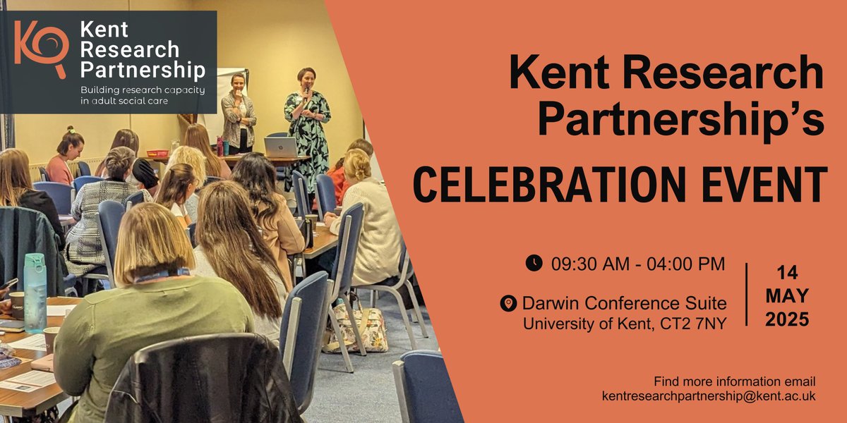 Please join the Kent Research Partnership team for our Celebration Event to mark the end of our 4-year partnership!

🗓️Wednesday 14th May (9:30-4)
🗺️ Darwin Conference Suite, University of Kent

✍️Register: eventbrite.co.uk/e/kent-researc…

More details to follow soon... 👀
