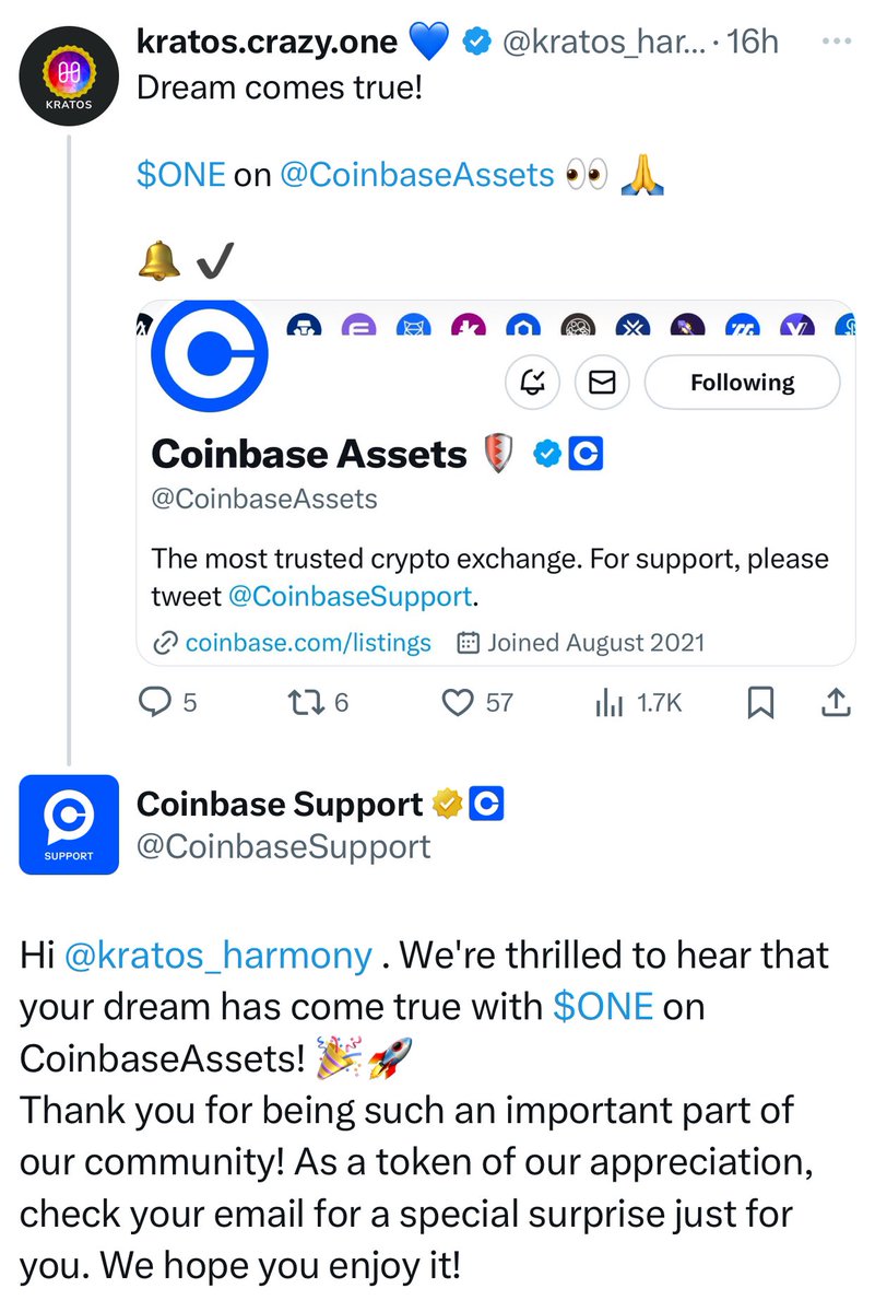 kratos.crazy.one 💙 (@kratos_harmony) on Twitter photo Harmony $ONE on <a href="/CoinbaseAssets/">Coinbase Assets 🛡️</a> 👀 
So it’s happening! 💭 
<a href="/CoinbaseSupport/">Coinbase Support</a> 🙏 Harmony $ONE on <a href="/CoinbaseAssets/">Coinbase Assets 🛡️</a> 👀 
So it’s happening! 💭 
<a href="/CoinbaseSupport/">Coinbase Support</a> 🙏