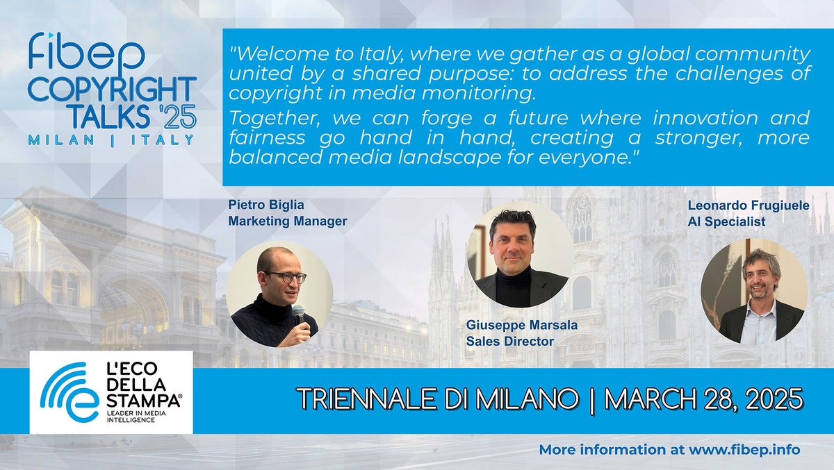 FIBEP #MediaIntelligence #MediaInsights (@_fibep) on Twitter photo Join us at the 8th FIBEP Copyright Talks in Milan!
Hosted by <a href="/EcoDellaStampa/">L'Eco della Stampa</a>
📅 March 28, 2025 | 📍 Triennale di Milano
🔹 AI & Copyright 🔹 EU Court Updates
🔹 Paywalls 🔹 Industry Insights & More!
Register below:
fibep.info/copyright-talk… Join us at the 8th FIBEP Copyright Talks in Milan!
Hosted by <a href="/EcoDellaStampa/">L'Eco della Stampa</a>
📅 March 28, 2025 | 📍 Triennale di Milano
🔹 AI & Copyright 🔹 EU Court Updates
🔹 Paywalls 🔹 Industry Insights & More!
Register below:
fibep.info/copyright-talk…