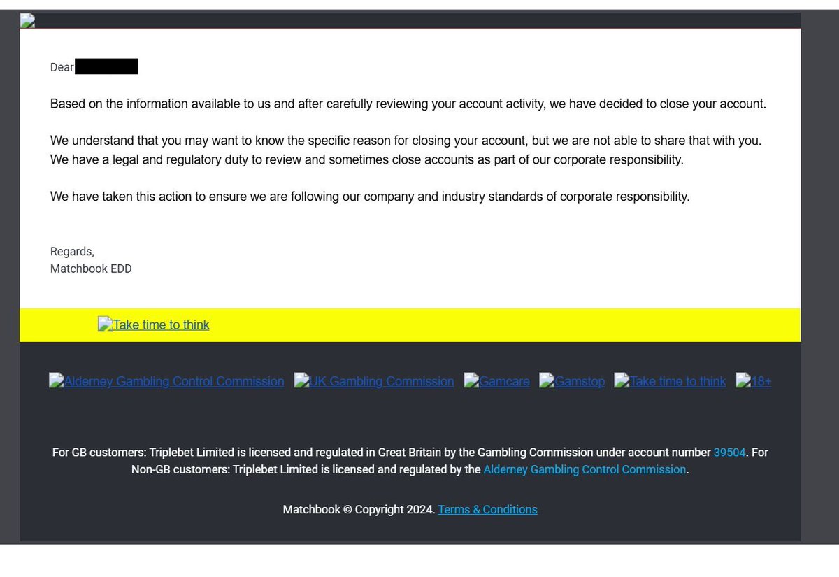 Room1_01's tweet photo. This is why you should NEVER provide Bank Statements, Payslips etc. to ANY Bookmaker should they request this info. They will close you down regardless, all under the guise of 'corporate responsibility'... meaning they don't have to provide an explanation why. @TeamMatchbook https://t.co/yP27Z01gNb