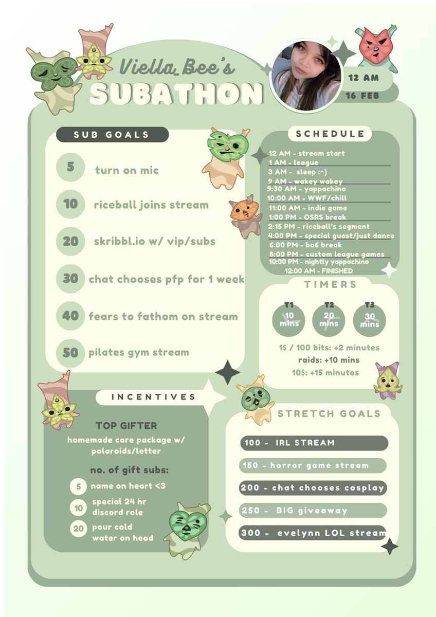 MY FIRST SUBATHON STARTS AT MIDNIGHT!
15TH FEBRUARY 12AM AEST
Twitch.tv/viella_bee
