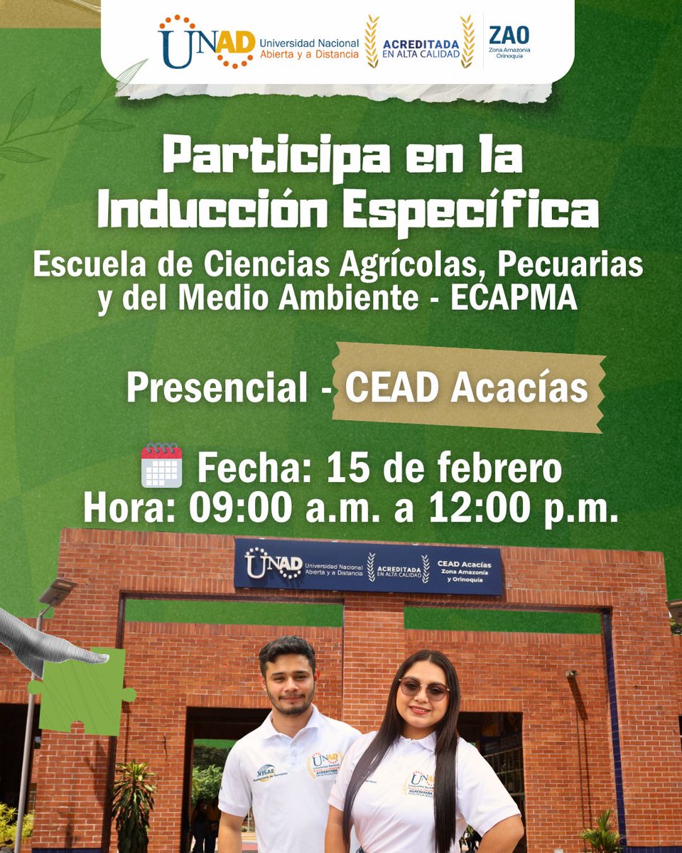 🌱📚 ¡Atención, nuevos estudiantes de ECAPMA! 📚🌱 
📅 Fecha: Sábado 15 de febrero ⏰ Hora: 9:00 AM 📍 Lugar: CEAD Acacías No te pierdas esta oportunidad para resolver dudas, conocer a tu comunidad académica y dar el primer paso hacia tu futuro profesional. ¡Te esperamos! 🙌💚