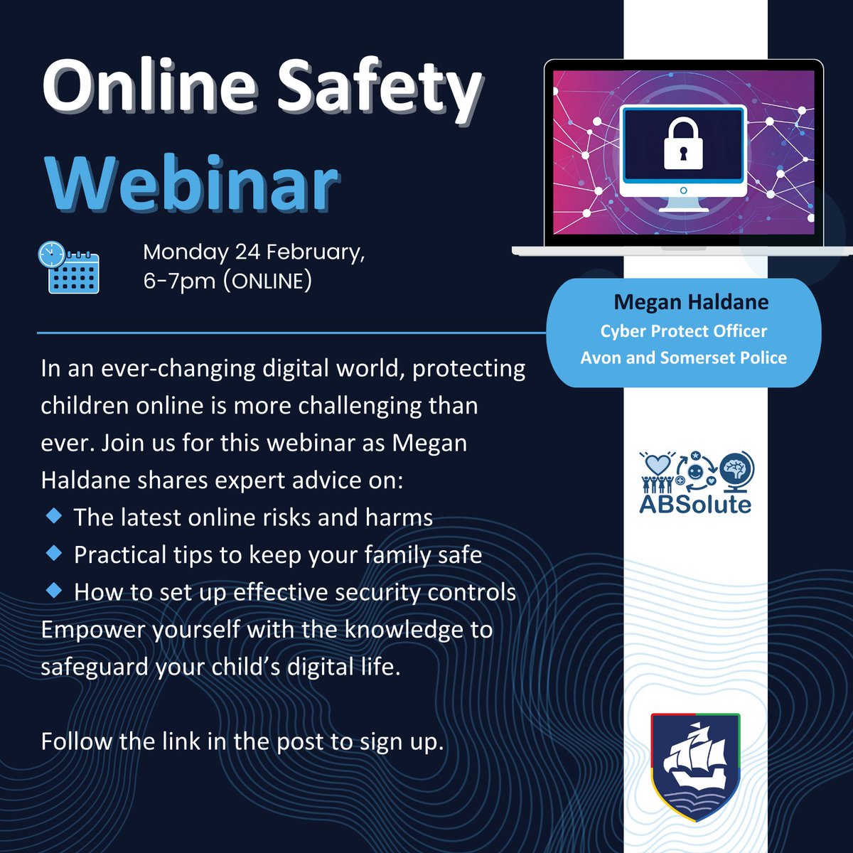 📣Webinar: Staying Safe Online
📅 Date: Monday 24th February | 🕕 6-7pm 
🎤 Guest Speaker: Megan Haldane, Cyber Protect Officer (Avon &amp; Somerset Police)
📝Sign Up:
events.teams.microsoft.com/event/ea4f7839…