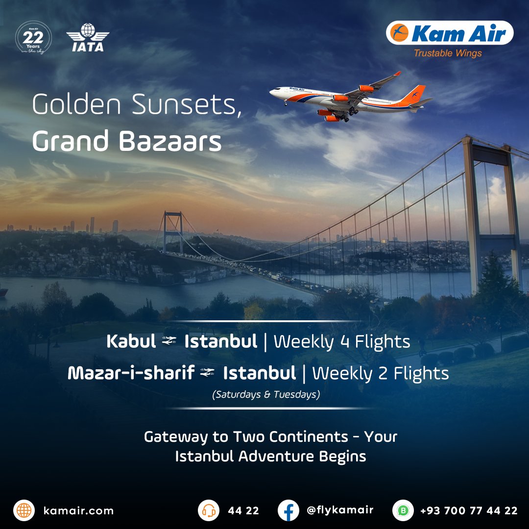 KamairRQ's tweet photo. Bridging continents, connecting dreams!🛫
Kam Air brings you 4 weekly flights from Kabul & 2 from Mazar to Istanbul.
#KamAir #FlyToIstanbul #GoldenSunsets #GrandBazaars #SeamlessTravel #GatewayToTwoContinents https://t.co/1zAYGr86Qi