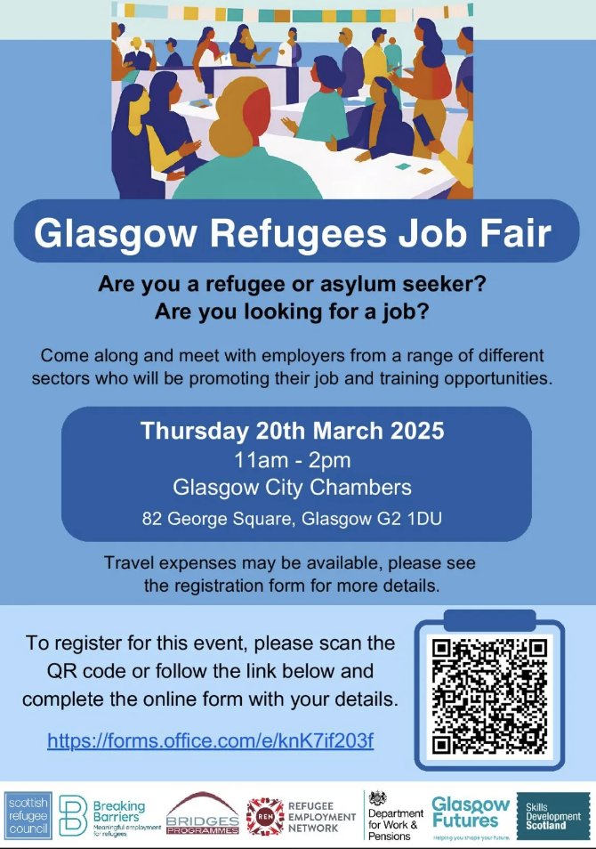 Maryhill Integration Network (@maryhill_in) on Twitter photo ✨Looking for job opportunities? Join us at the #Glasgow Refugees Job Fair! 🚀 Meet employers ready to help you find your path. Together, we can build brighter futures! 🤝 Don't miss out❤️ <a href="/scotrefcouncil/">Scottish Refugee Council 🧡</a> #RefugeesWelcome <a href="/Refuweegee/">Refuweegee 🧡</a> <a href="/GovanCP/">Govan Community Project 🧡</a> <a href="/no_evictions/">No Evictions Network</a> <a href="/SafeInScotland/">Safe in Scotland 🧡</a> ✨Looking for job opportunities? Join us at the #Glasgow Refugees Job Fair! 🚀 Meet employers ready to help you find your path. Together, we can build brighter futures! 🤝 Don't miss out❤️ <a href="/scotrefcouncil/">Scottish Refugee Council 🧡</a> #RefugeesWelcome <a href="/Refuweegee/">Refuweegee 🧡</a> <a href="/GovanCP/">Govan Community Project 🧡</a> <a href="/no_evictions/">No Evictions Network</a> <a href="/SafeInScotland/">Safe in Scotland 🧡</a>