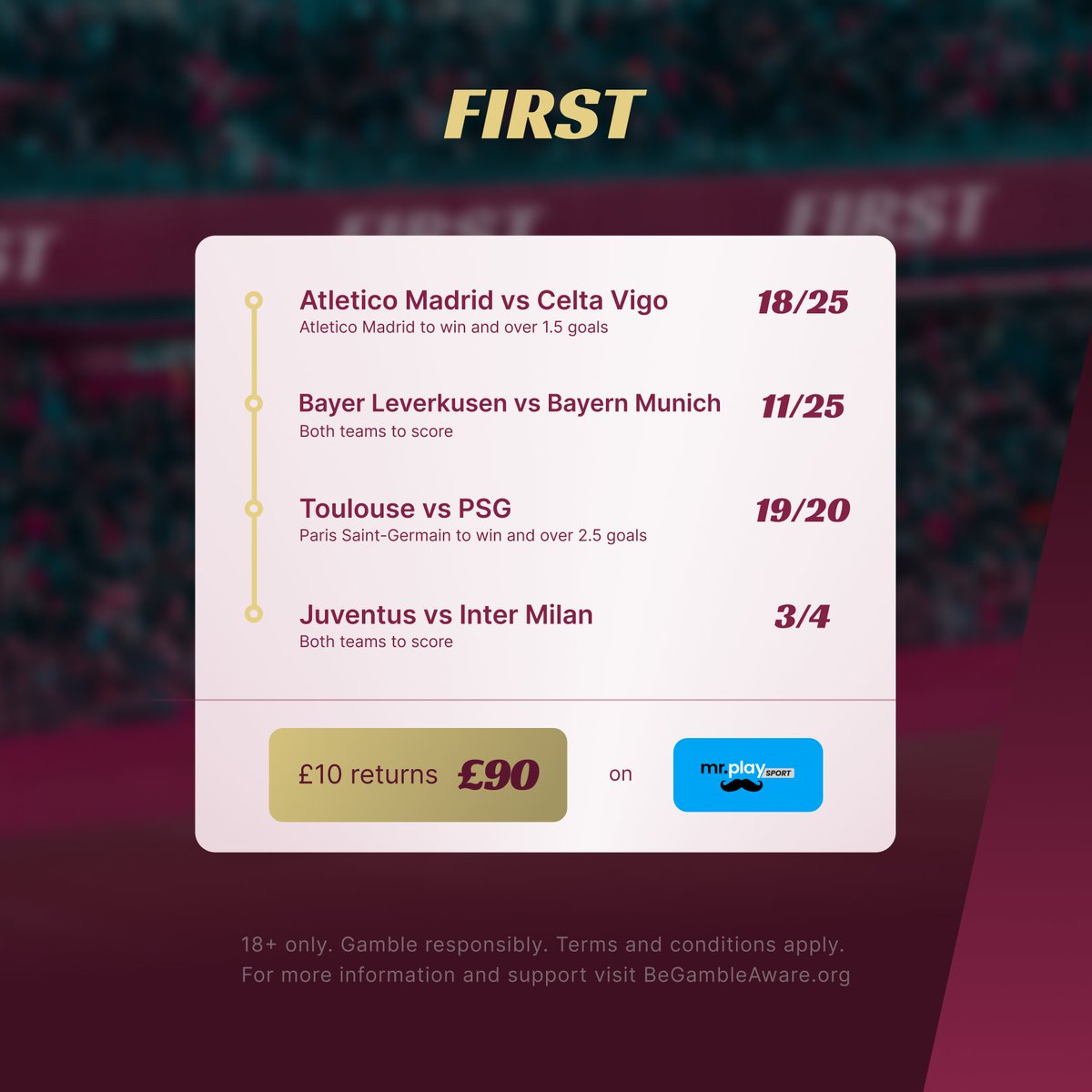 You 𝗪𝗔𝗡𝗧 to join in on our weekly football acca this week 💰

Last week's 8/1 acca landed so we're back with yet another 👀

1️⃣ Atletico vs Celta Vigo
2️⃣ Leverkusen vs Bayern
3️⃣ Toulouse vs PSG
4️⃣ Juventus vs Inter

✍️ @JamesWalters6 | #FIRST #Football #BettingTips