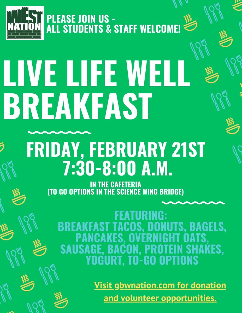 Hey West Nation Parents. We still need lots of donation spots filled for our Live Life Well Breakfast next Friday. Please consider a donation of money, goods, or time. Slots available here: signupgenius.com/go/10C0C44AEA8…