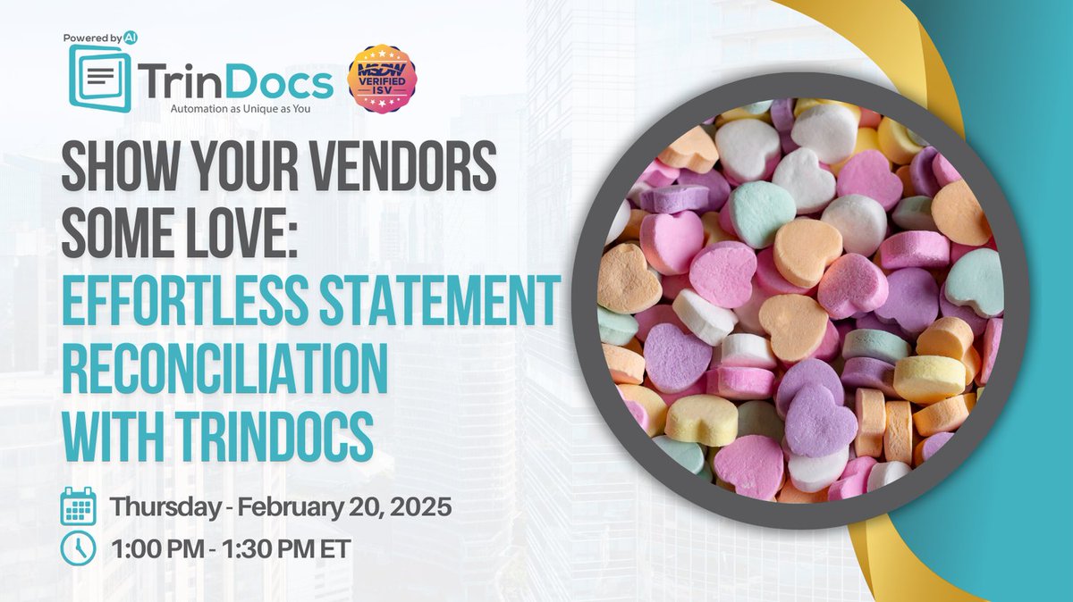 johnstucky's tweet image. 🥰 Show Your Vendors Some Love: Effortless Statement Reconciliation with TrinDocs 🥰

📅 2/20
⌚ 1 pm ET
🔗 trindocs.com/resources/#web…

💖 Automate and streamline vendor statement reconciliation

#trindocs #vendorreconciliation #workflow #automation #webinar