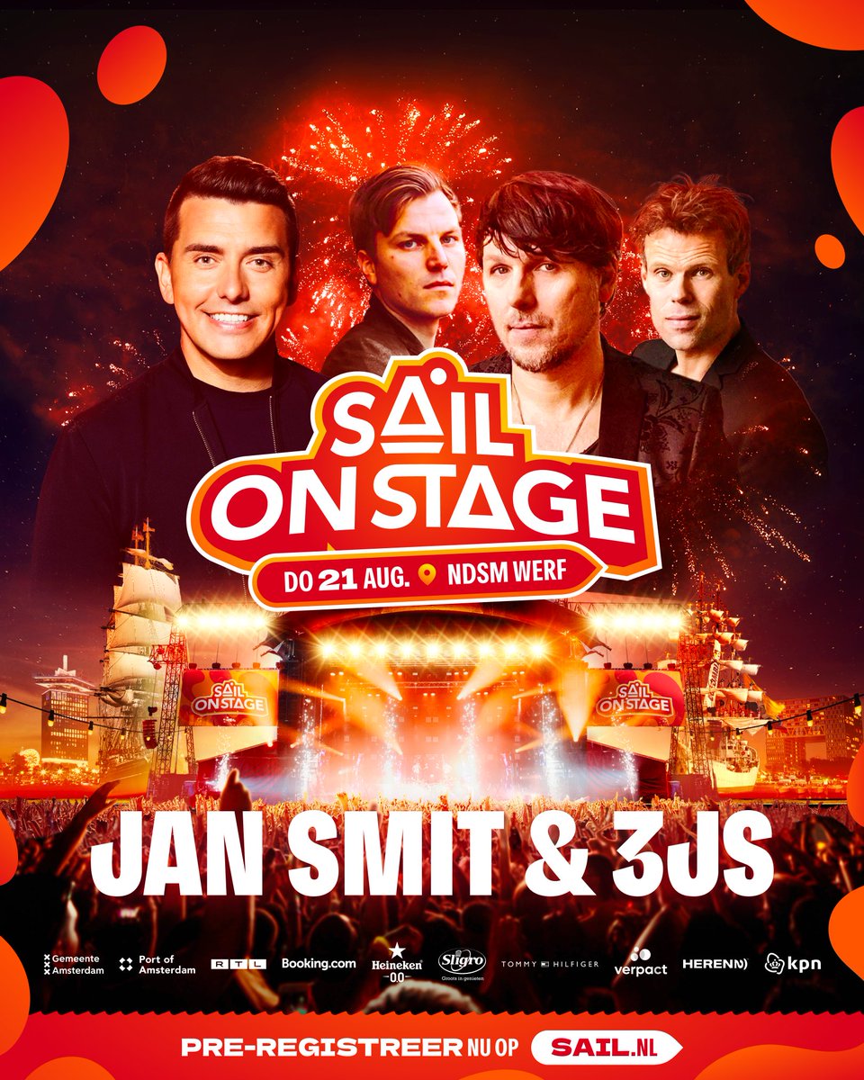 Feest mee met <a href="/JanSmit/">JAN SMIT</a>  en de <a href="/driejs/">3JS</a> tijdens SAIL On Stage🎶 Hollandse glorie tijdens de unieke jubileumeditie: 10 edities en 50 jaar SAIL tijdens de 750e verjaardag van Amsterdam💥 Pre-registreer nu en krijg als eerste toegang tot tickets! 👉 sail.nl/sail-on-stage-… #MakeAWave