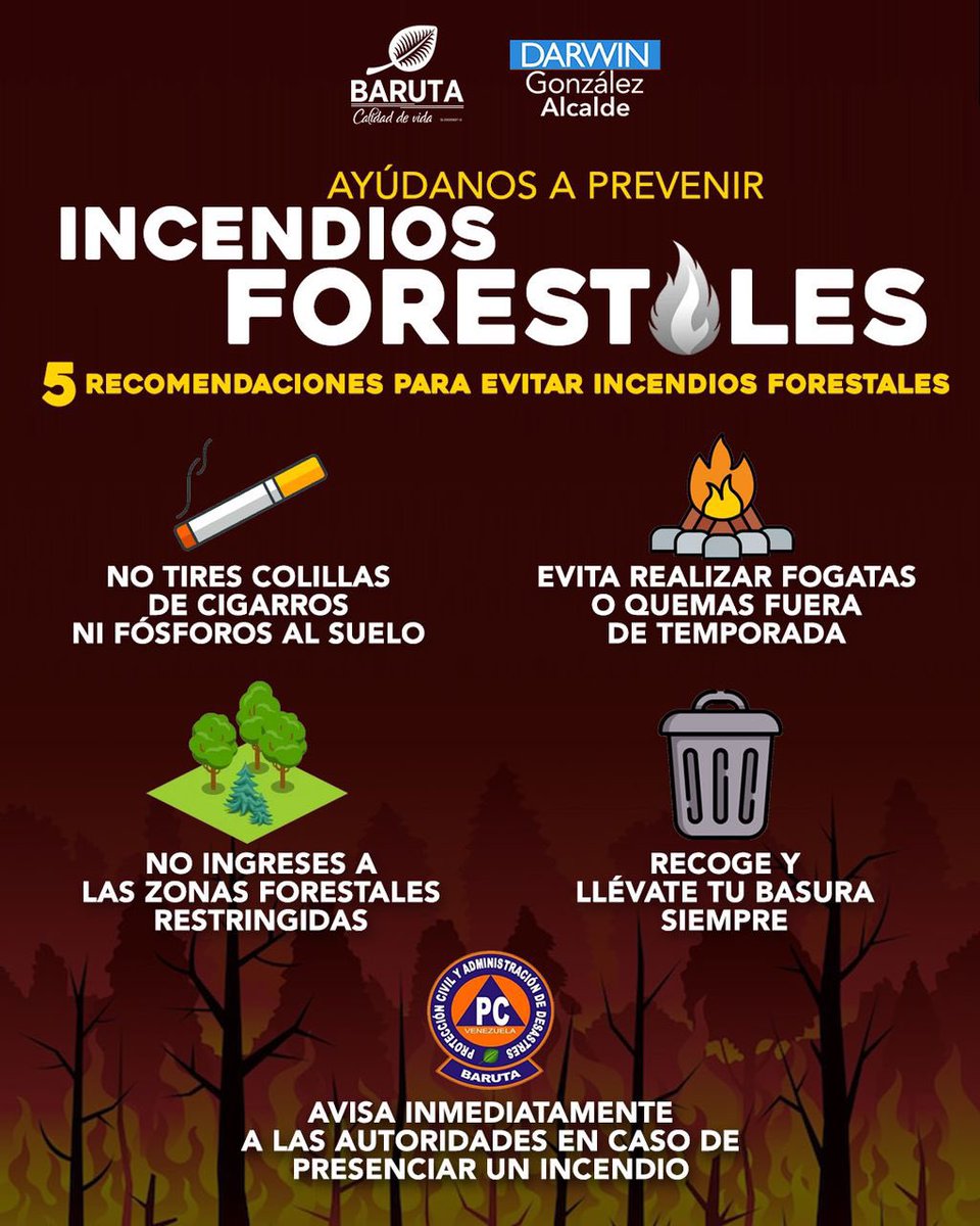 ¡Ayúdanos a prevenir incendios forestales!🔥

✅ No tirar colillas de cigarros ni fósforos
✅ Evitar hacer fogatas o quemas fuera de temporada
✅ No ingresar a zonas forestales restringidas
✅ Recoger la basura
✅ Avisar inmediatamente a las autoridades en caso de incendio