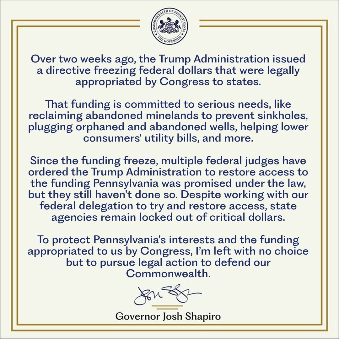 To protect Pennsylvania's interests and the funding appropriated to us by Congress, I’m left with no choice but to pursue legal action to defend our Commonwealth.