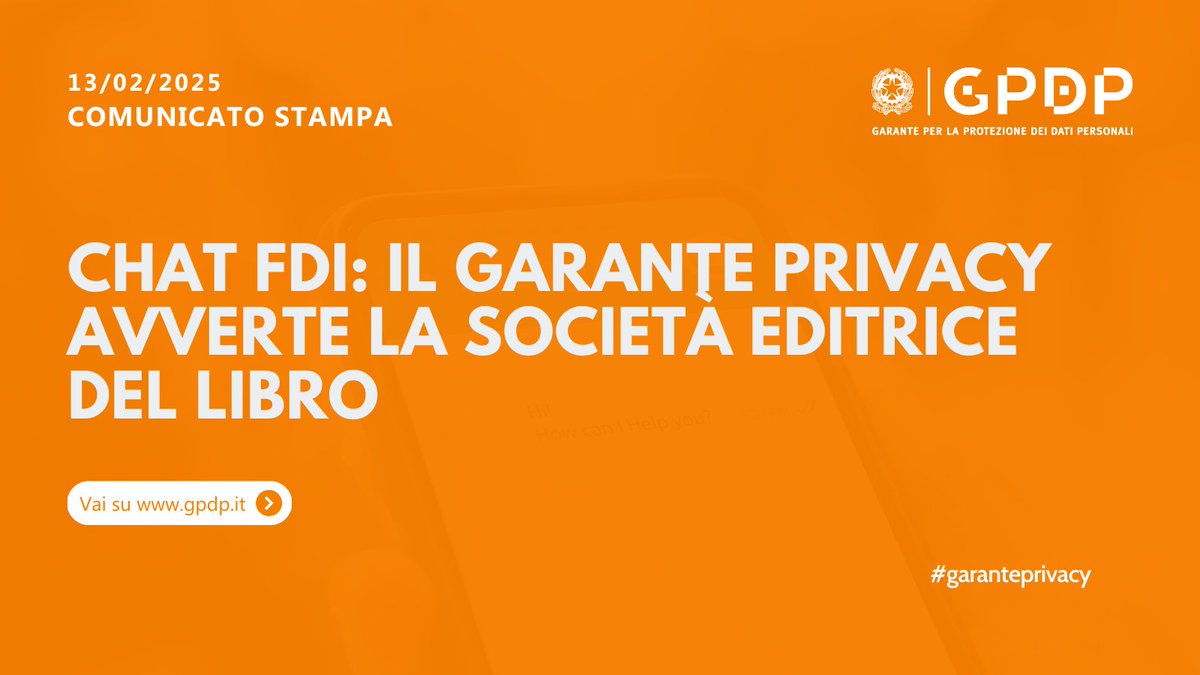L'ulteriore trattamento dei dati personali dei messaggi pubblicati nel volume "Fratelli di chat" può violare la normativa privacy e le regole deontologiche della professione giornalistica. Dal #GarantePrivacy avvertimento formale all'editore del libro gpdp.it/home/docweb/-/…