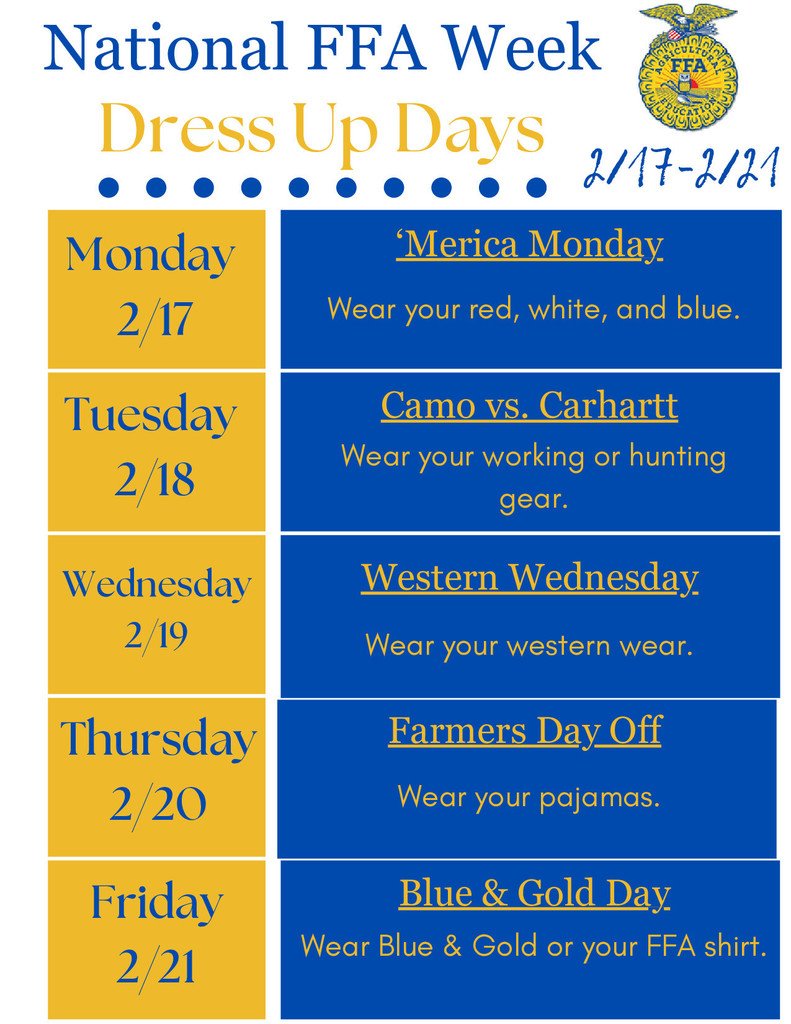 Next week, we will be celebrating FFA Week here at Petersburg High School. Show your support by dressing up each day! Help us kick off the week with 'Merica Monday, and wear your red, white, and blue!