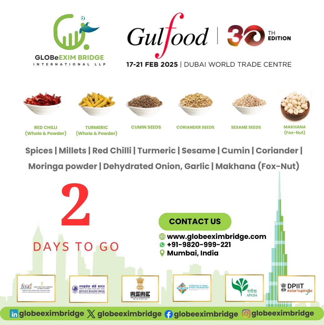 vedafoxgroup's tweet photo. 🚀 2 Days to Go! Are You Ready? #Gulfood2025
We’re ready to connect with importers, distributors &amp; F&amp;B brands in Dubai! Let's talk spices, millets &amp; superfoods.

📍 Dubai World Trade Center
📅 17-21 FEB 2025
📩 DM to schedule meeting!
🌍 https://t.co/q0ceeGViby
📞 +91-9820999221 https://t.co/iZL9T27Wbp