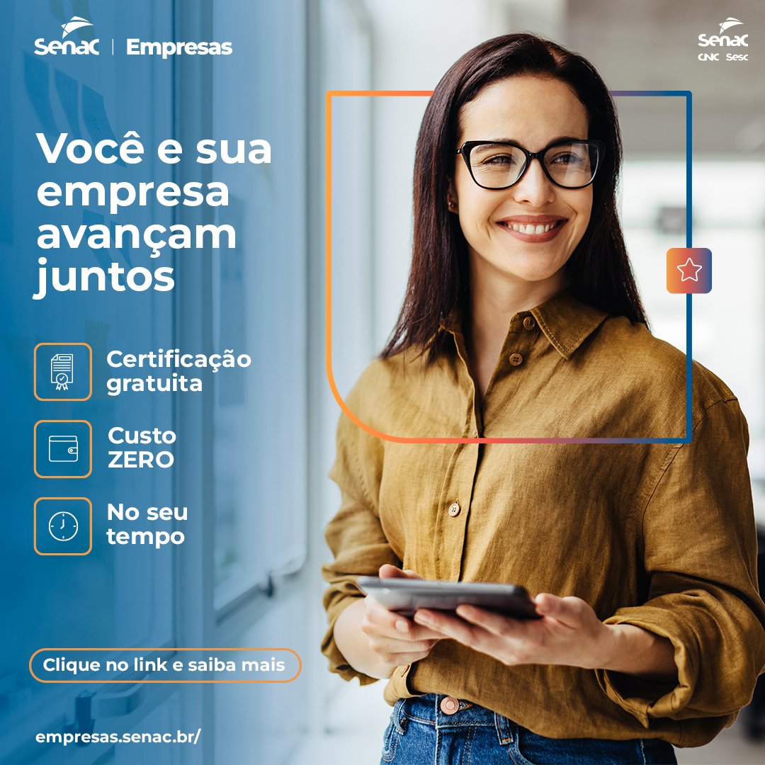 Atenção, empresário, novidade para você! 🤩
O Senac Empresas é uma nova plataforma nacional que amplia a oferta de cursos e serviços gratuitos, fortalecendo a capacitação e o desempenho da sua empresa e dos seus colaboradores. 🚀📚
 
Acesse: empresas.senac.br. 🌟📈