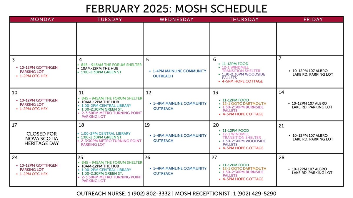 MOSH SCHEDULE UPDATE: Please note that we will be closed the morning of Tuesday, February 18th.

Services: Walk-ins, take-away meals, clothing donations, access to housing support, community-focused programming.

Outreach Nurse: 1 (902) 802-3332 
Receptionist: 1 (902) 429-5290