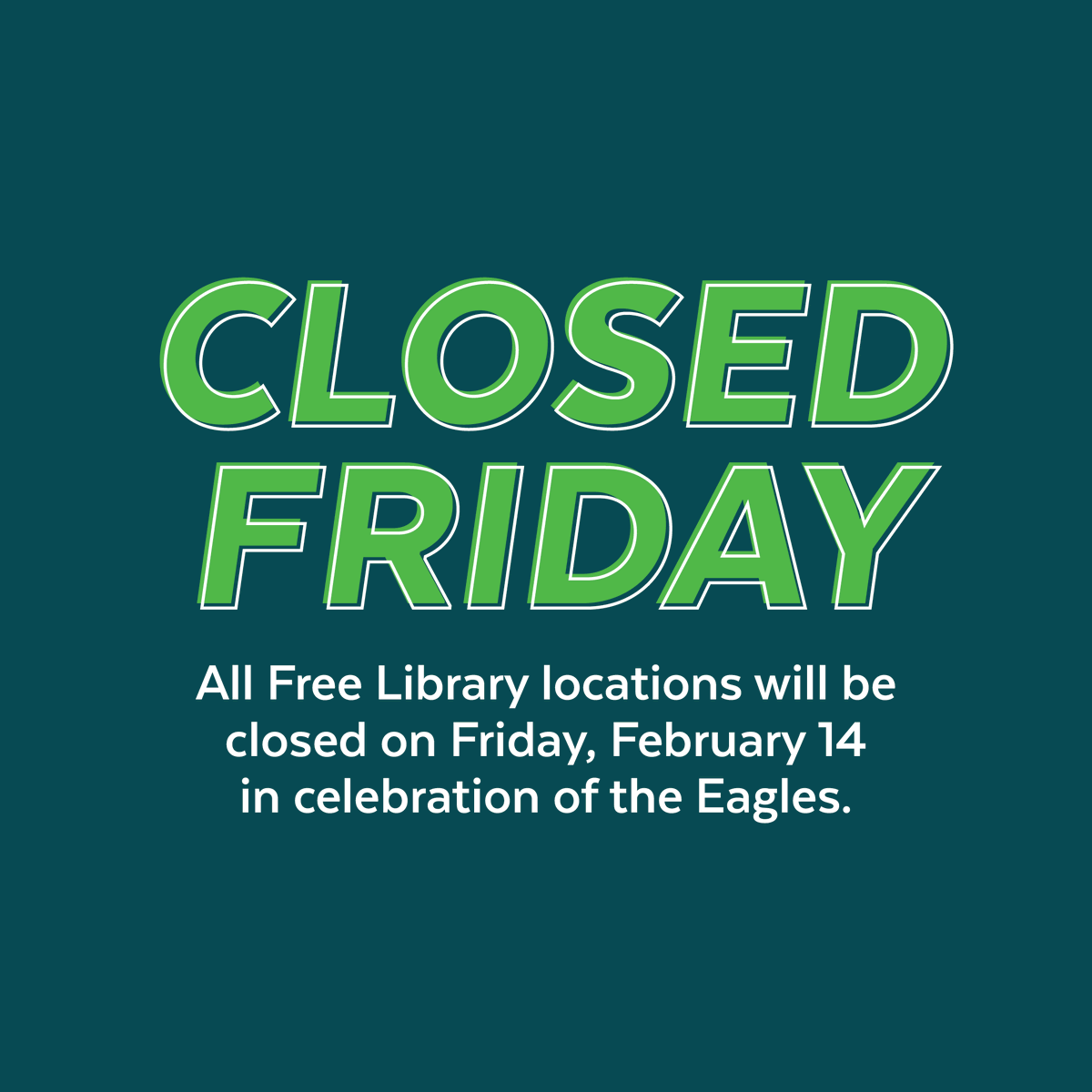 AndorraLibrary's tweet image. All Free Library of Philadelphia locations will be closed tomorrow, 2/14 for the Eagles parade.

The Andorra Library will reopen on Saturday, 2/15.

On Monday, 2/16 all Free Library of Philadelphia locations will be closed for the holiday.