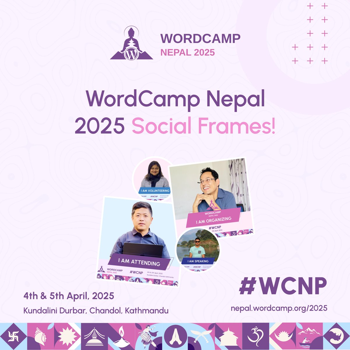 WordCampNP's tweet photo. Show Your WordCamp Nepal 2025 Spirit!
Now, you can personalize your profile picture and join the hype for #WCNP
✨ Get your frame now: https://t.co/ec7rQPfdEH
#WordCamp #SocialFrames https://t.co/HA7yKaTjdP