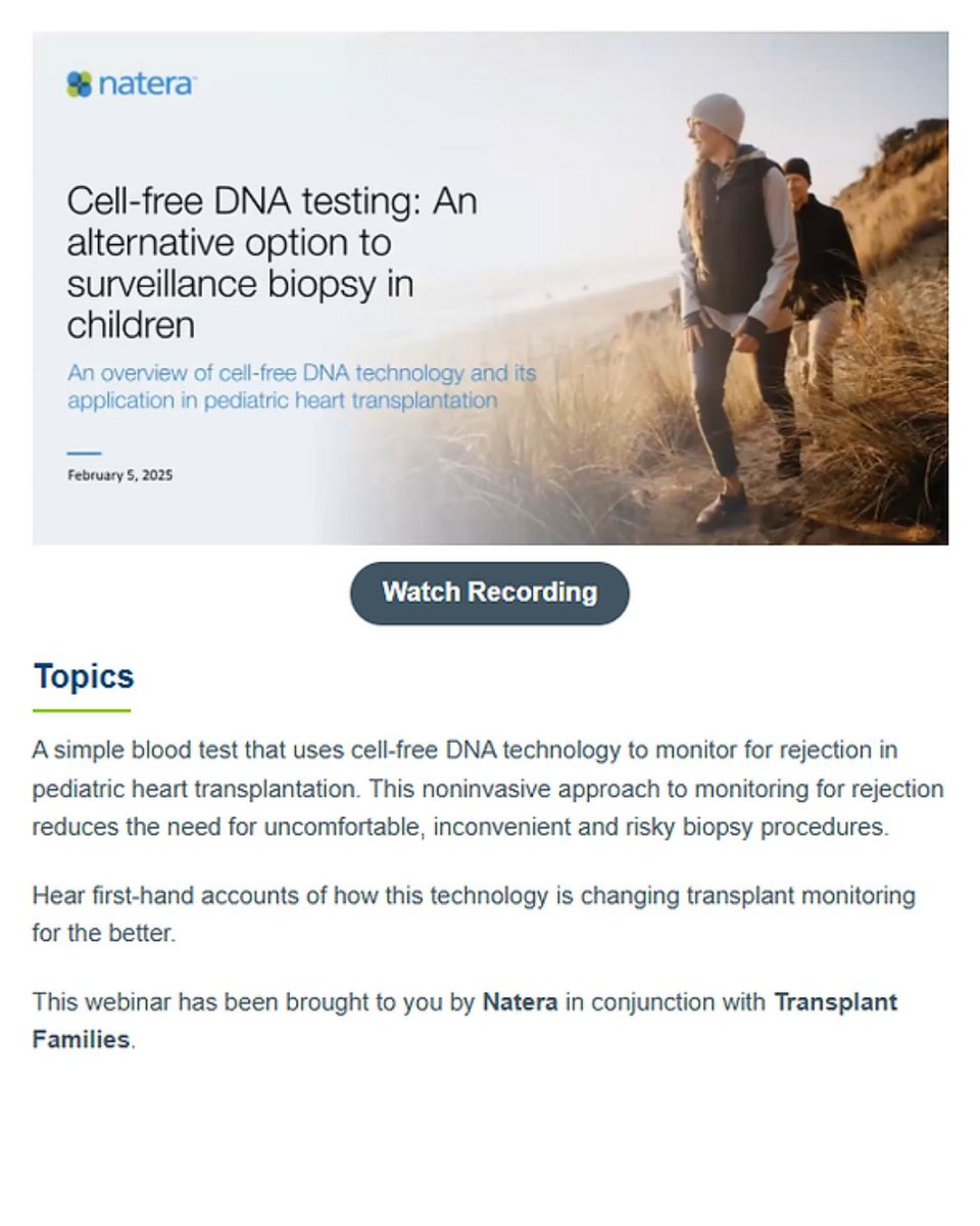 transplantfams's tweet image. ICYMI: Our webinar with @Natera on Cell-free DNA testing as an alternative to surveillance biopsy in children is now available! Watch the recording for insights into this less invasive option: 

natera.com/resource-libra… #CellFreeDNA #Natera #PediatricHealth #Webinar