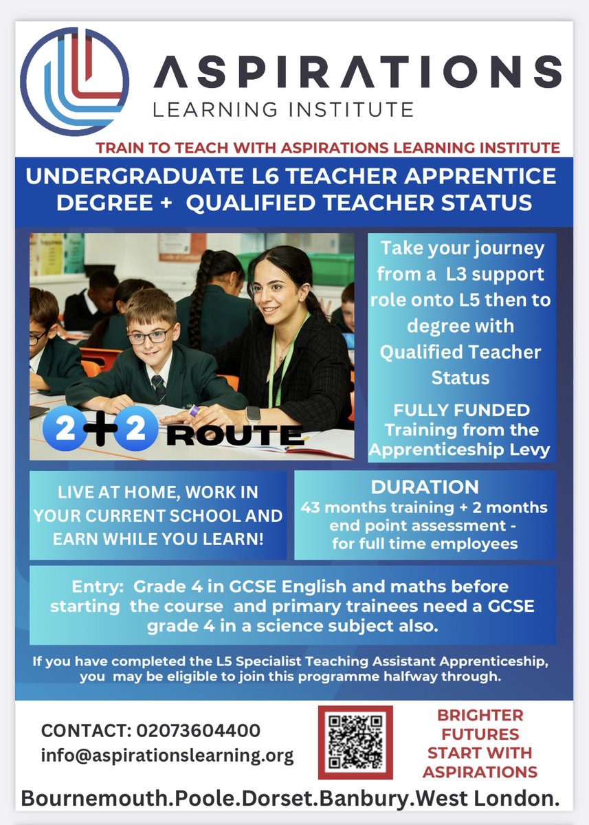 At Aspirations Learning Institute, we’re paving the way for aspiring educators through our innovative 𝗧𝗲𝗮𝗰𝗵𝗲𝗿 𝗧𝗿𝗮𝗶𝗻𝗶𝗻𝗴 and 𝗔𝗽𝗽𝗿𝗲𝗻𝘁𝗶𝗰𝗲𝘀𝗵𝗶𝗽 program. 

Visit bit.ly/3DGhLRv to apply.

#TeacherTraining #AspirationsLearning #FutureEducators