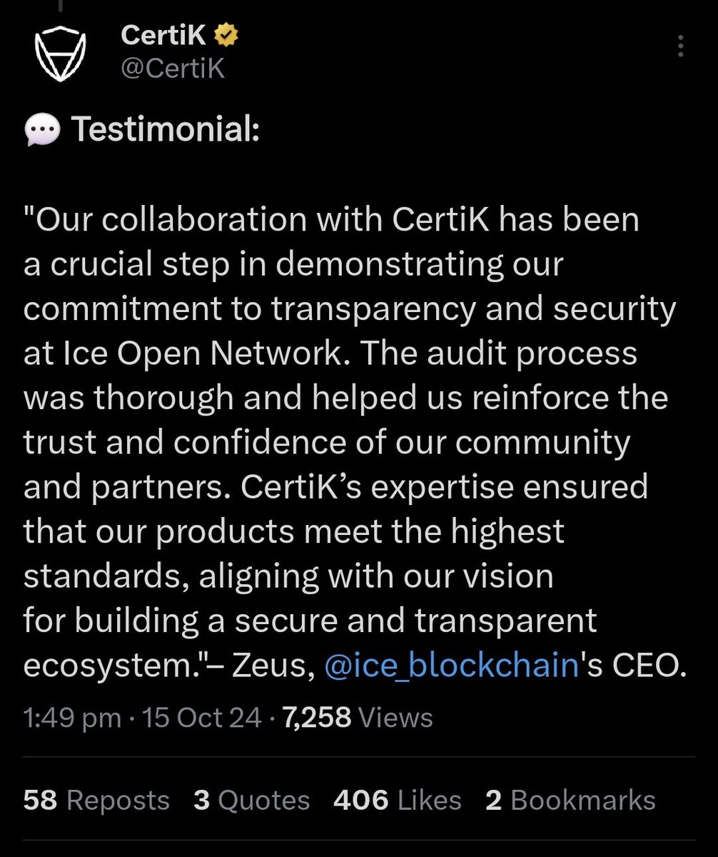 Professor 'Albert' Iceman (@brian3471858121) on Twitter photo $ICE $ION <a href="/ice_blockchain/">Ice Open Network</a>
Please join the Number '1' ICE Telegram Group with nearly 2000 members:
t.me/ICE_Open_Netwo…
CertiK’s Seal of Approval: Why Ice Open Network Deserves Your Trust
In the ever-evolving world of blockchain, trust is everything. A network must prove $ICE $ION <a href="/ice_blockchain/">Ice Open Network</a>
Please join the Number '1' ICE Telegram Group with nearly 2000 members:
t.me/ICE_Open_Netwo…
CertiK’s Seal of Approval: Why Ice Open Network Deserves Your Trust
In the ever-evolving world of blockchain, trust is everything. A network must prove