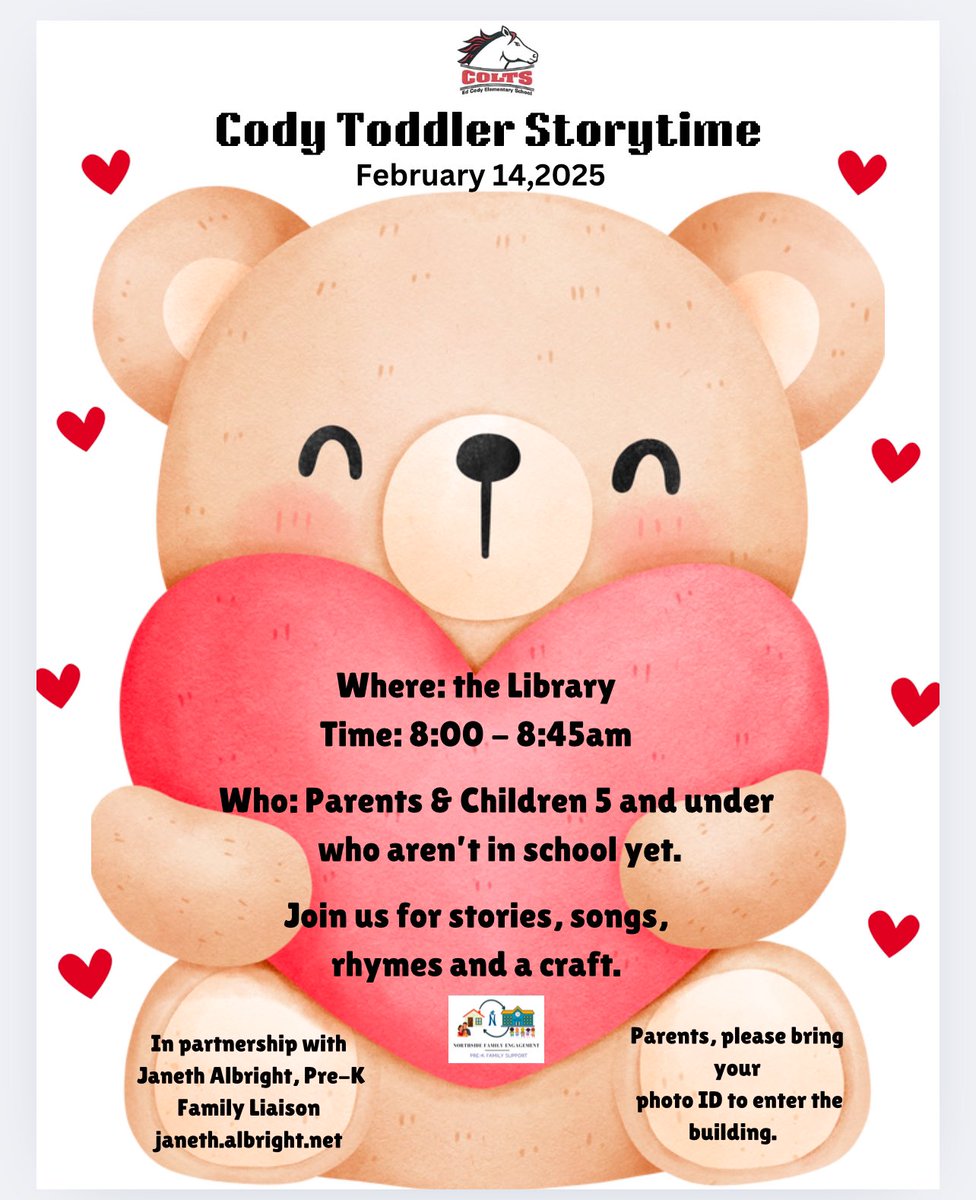 Calling all families with littles! You’re invited to our first Cody Toddler Storytime this Friday, Feb 14th fr 8am-8:45am. This event is for families and children 5 &amp; under who are not in school yet. Let’s cozy up w/ some sweet reads &amp; have FUN!