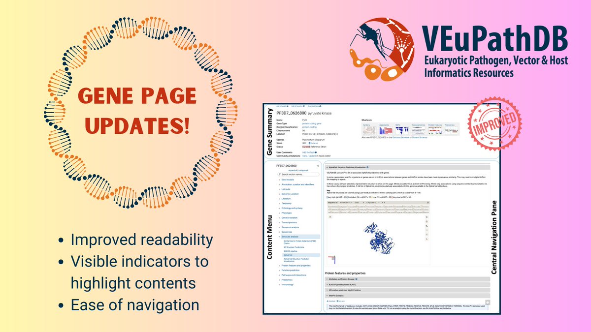 Our popular, encyclopedic GENE PAGES now have a facelift! ✨Search for your favorite gene on <a href="/veupathdb/">VEuPathDB</a> and take a look at the new and improved gene summary (top), contents menu (left) and main navigation pane on the gene page.