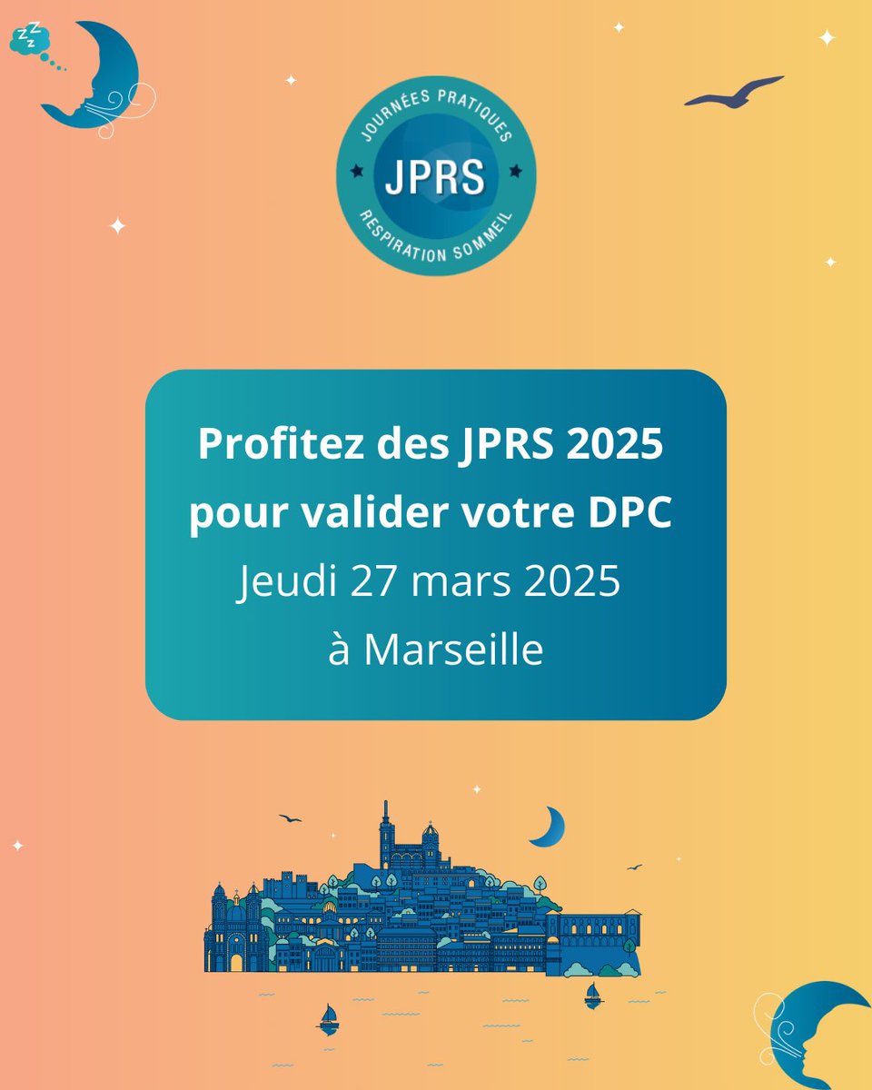 Inscrivez-vous aux #DPC des #JPRS2025
📍à Marseille 
🗓️ jeudi 27 mars 2025

🔸Journée scientifique🔸
🔸 Polysomnographie de l’adulte🔸

ℹ️ jprs.fr