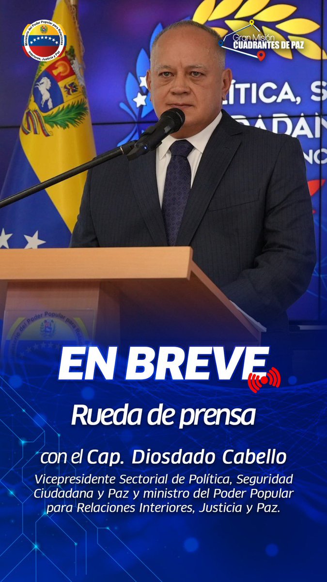 #13FEB || En breves minutos, Vpdte. Sectorial de Política Seguridad Ciudadana y Paz. Cap. @DCabellor estará ofreciendo rueda de prensa con importantes declaraciones.