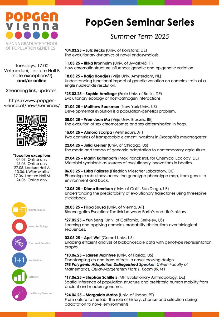 The PopGen Vienna Seminar series schedule is ready for the next term (Mar-Jun). It's jam-packed with fantastic speakers in #evolution, #genetics, #genomics, #popgen, and more! Details and streaming link signup can be found on our website popgen-vienna.at/news/seminars/