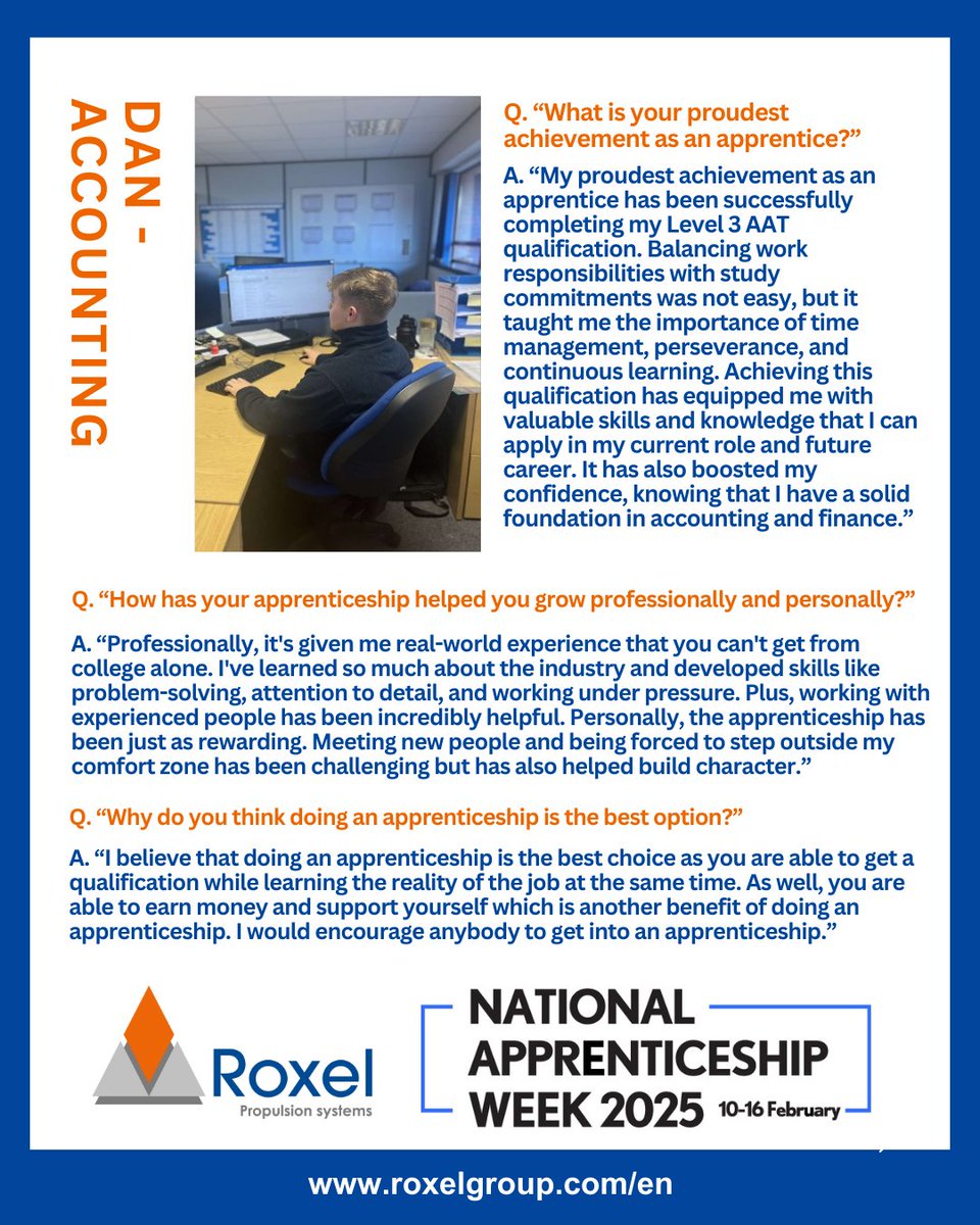 Meet our second business apprentice, Dan. He works within the accounts department and has completed his Level 3 AAT qualification. Read his story about being an apprentice at Roxel UK below.

#NAW2025 #SkillsForLife #BusinessApprentice #Accounting #RoxelUK