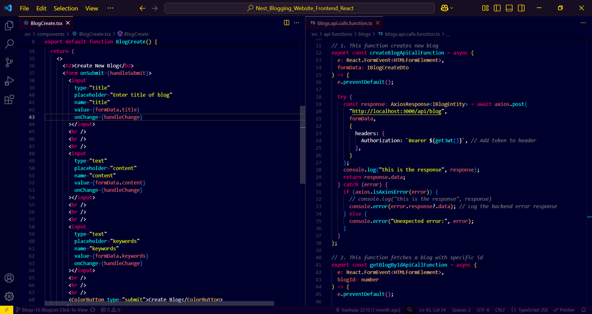 Kash97_Tech's tweet photo. Just built the frontend components for my blog creation form! 📝 Used useState &amp; useEffect to manage form data, then made an API call to the backend for validation and storage in the database.
 #coding #tech #reactjs #nestJs #SQL #LearnInPublic #personalproject #bloggingwebsite https://t.co/vEqg0dIuaz