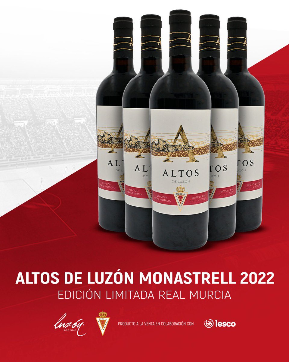 🍷 Descubre la edición especial limitada numerada a 1000 unidades de ALTOS DE LUZÓN MONASTRELL 2022 REAL MURCIA, una colaboración que refuerza la alianza entre Bodegas Luzón y el Real Murcia CF. 

📍 Disponible en Tienda Estadio y <a href="/SuperLesco/">Lesco Supermercados</a>